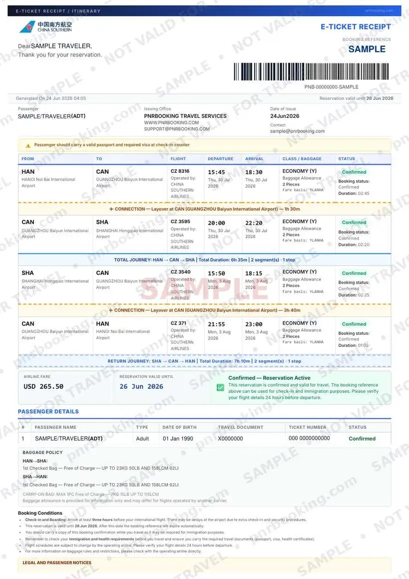 Sample e-ticket — watermarked, with fake passenger data